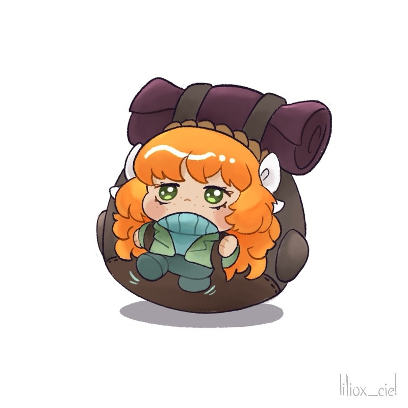 1girl, :<, backpack, bag, blue_sweater, blush, bow, chibi