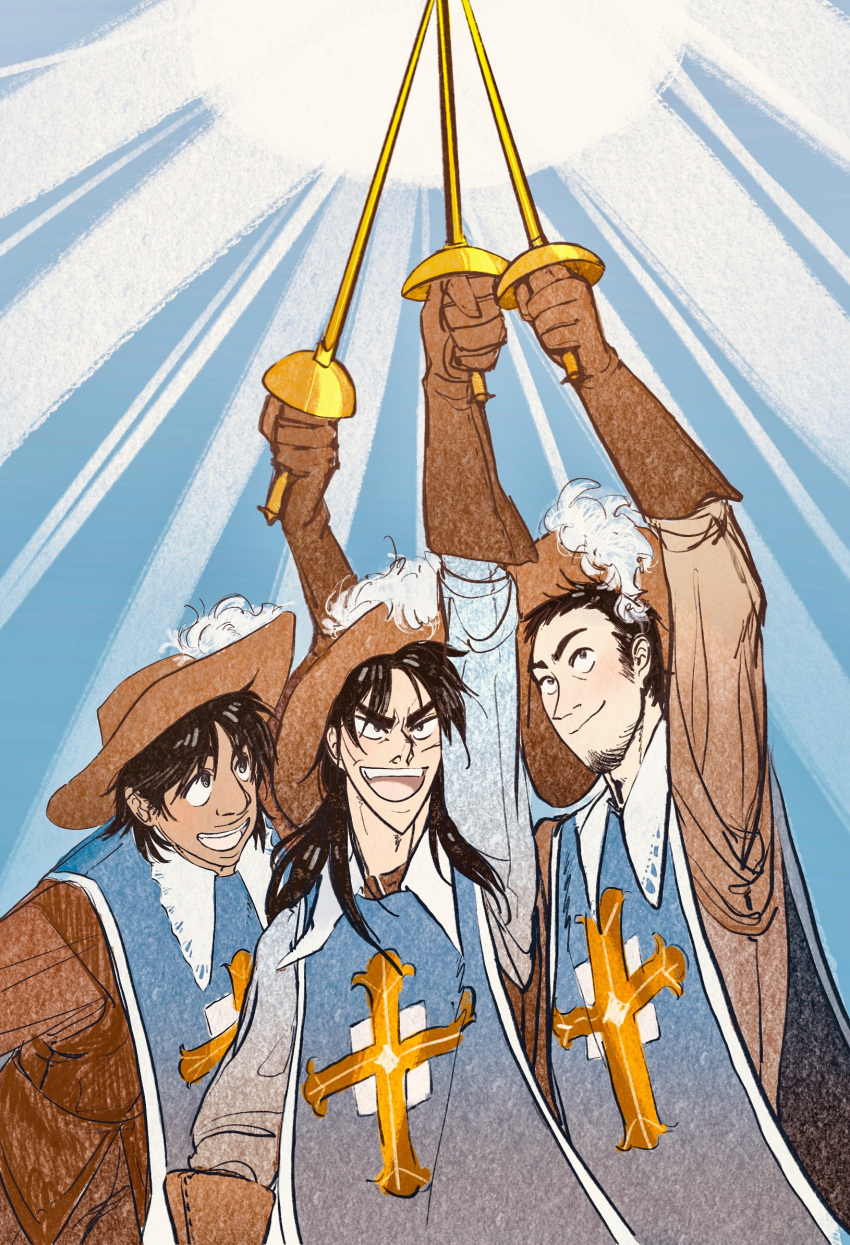 3boys, arm_up, black_hair, blue_background, brown_gloves, chang_bowen, closed_mouth, cosplay, dark_skin, elbow_gloves, facial_hair, gloves, goatee, hat_feather, highres, holding, holding_sword, holding_weapon, itou_kaiji, kaiji, long_hair, looking_up, lunargambits, male_focus, mario_garcia, multiple_boys, open_mouth, scar, scar_on_face, short_hair, smile, sword, the_three_musketeers, weapon