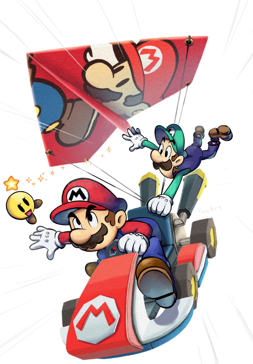 1girl, 2boys, blue_overalls, brown_hair, facial_hair, gloves, go-kart, green_hat