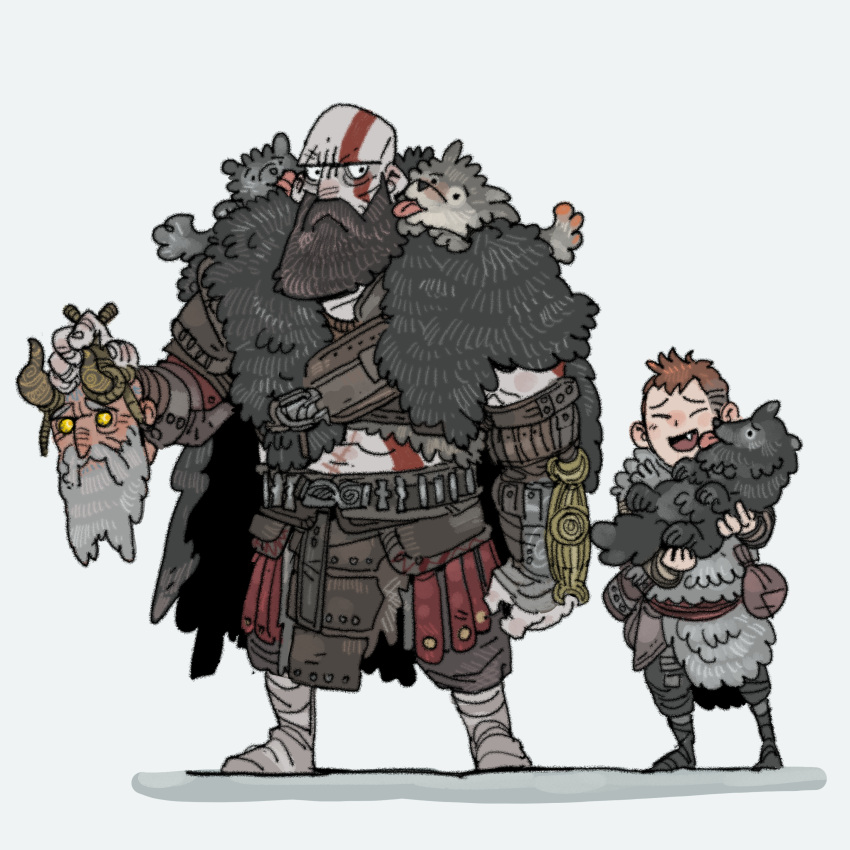 3boys, absurdres, atreus, bald, beard, closed_eyes, facepaint, facial_hair