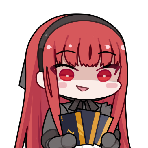 1girl, black_hairband, bright_pupils, card, chibi, chibi_only, chinese_commentary, commentary_request, euyueuy, hairband, holding, holding_card, long_hair, long_sidelocks, looking_at_viewer, official_art, partially_shaded_face, punishing:_gray_raven, red_eyes, redhead, sidelocks, simple_background, smile, solo, upper_body, vera:_rozen_(pgr), vera_(pgr), white_background, white_pupils