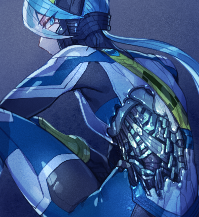1boy, androgynous, arm_on_own_leg, blue_eyes, blue_hair, commentary_request, covered_mouth, damaged