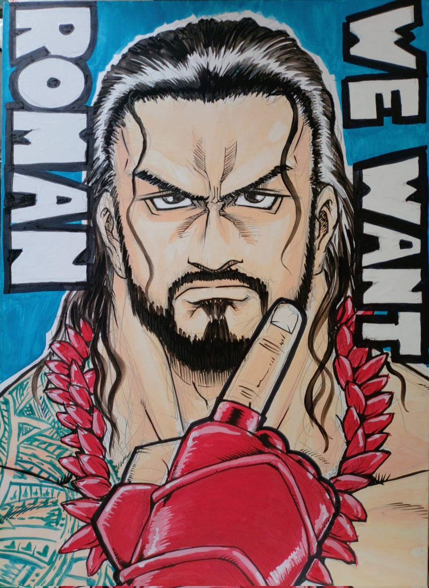 1boy, black_hair, blue_background, brown_eyes, connected_beard, facial_hair, fingerless_gloves, flower