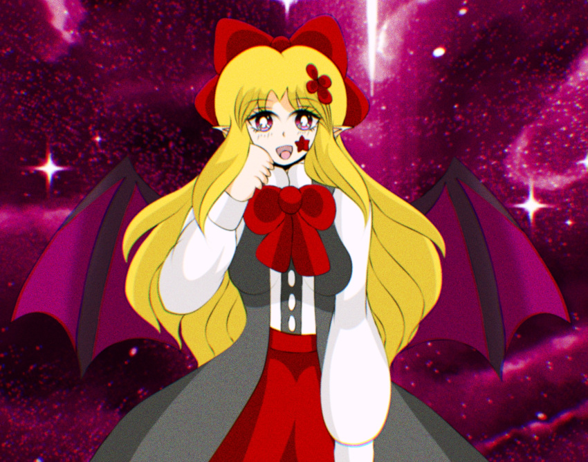 1990s_(style), bat_(animal), bat_wings, black_coat, blonde_hair, bow, bowtie, coat