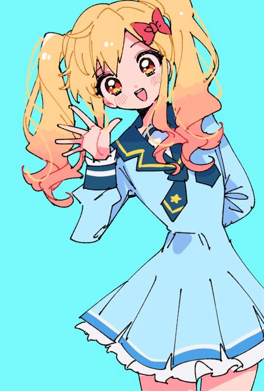1girl, :d, aikatsu!_(series), aikatsu_stars!, aqua_background, arm_behind_back, blonde_hair, blue_dress