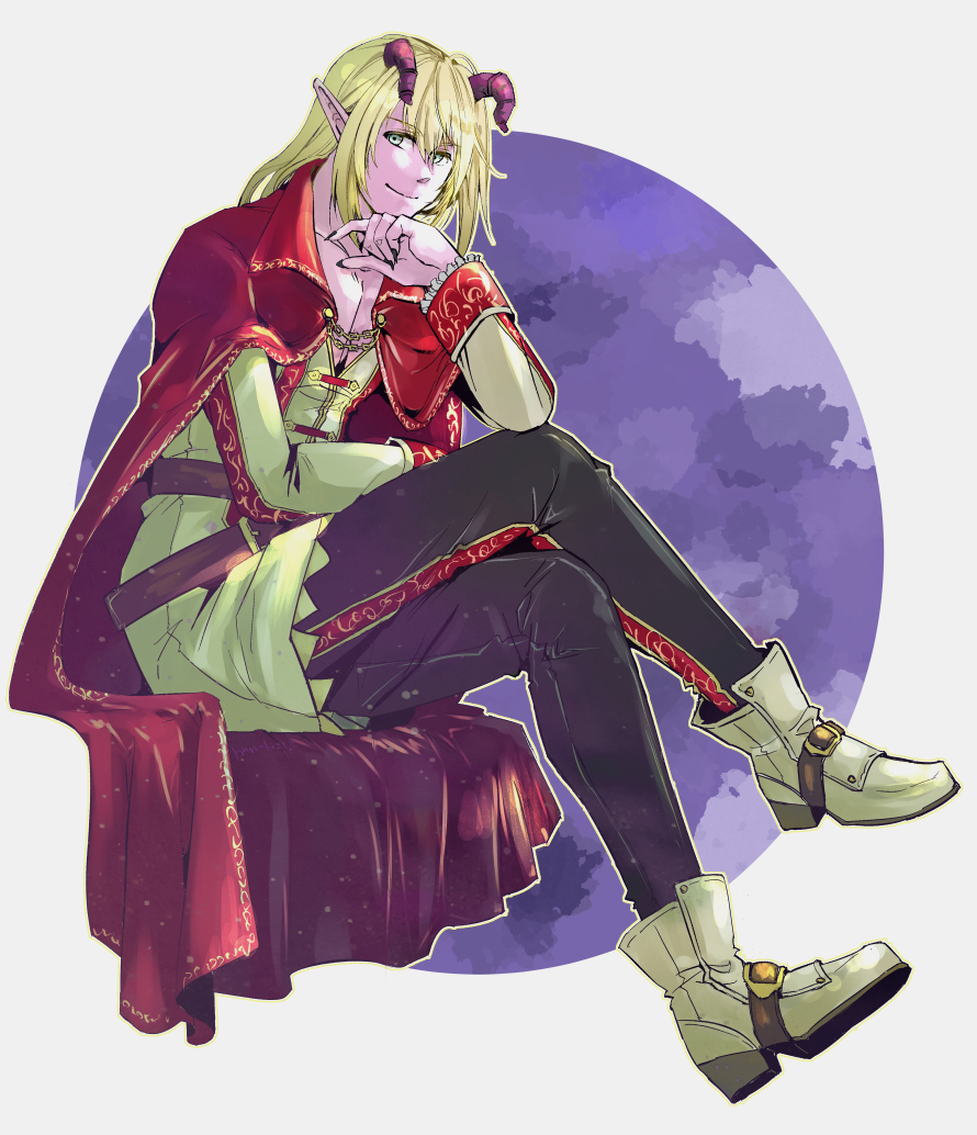1boy, androgynous, arm_on_own_leg, azbar_(dragon_quest), black_nails, black_pants, blonde_hair, boots