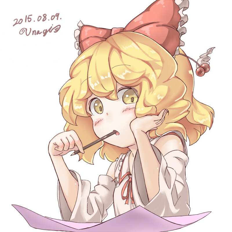 1girl, blonde_hair, blush, bow, dated, detached_sleeves, frills, hair_bow