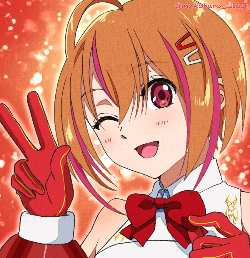 1girl, 22/7, ;d, adjusting_bowtie, ahoge, artist_name, bow, bowtie