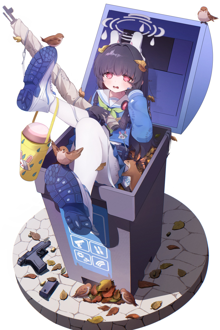 1girl, @_@, absurdres, ahoge, animal_ears, bird, black_gloves, black_hair