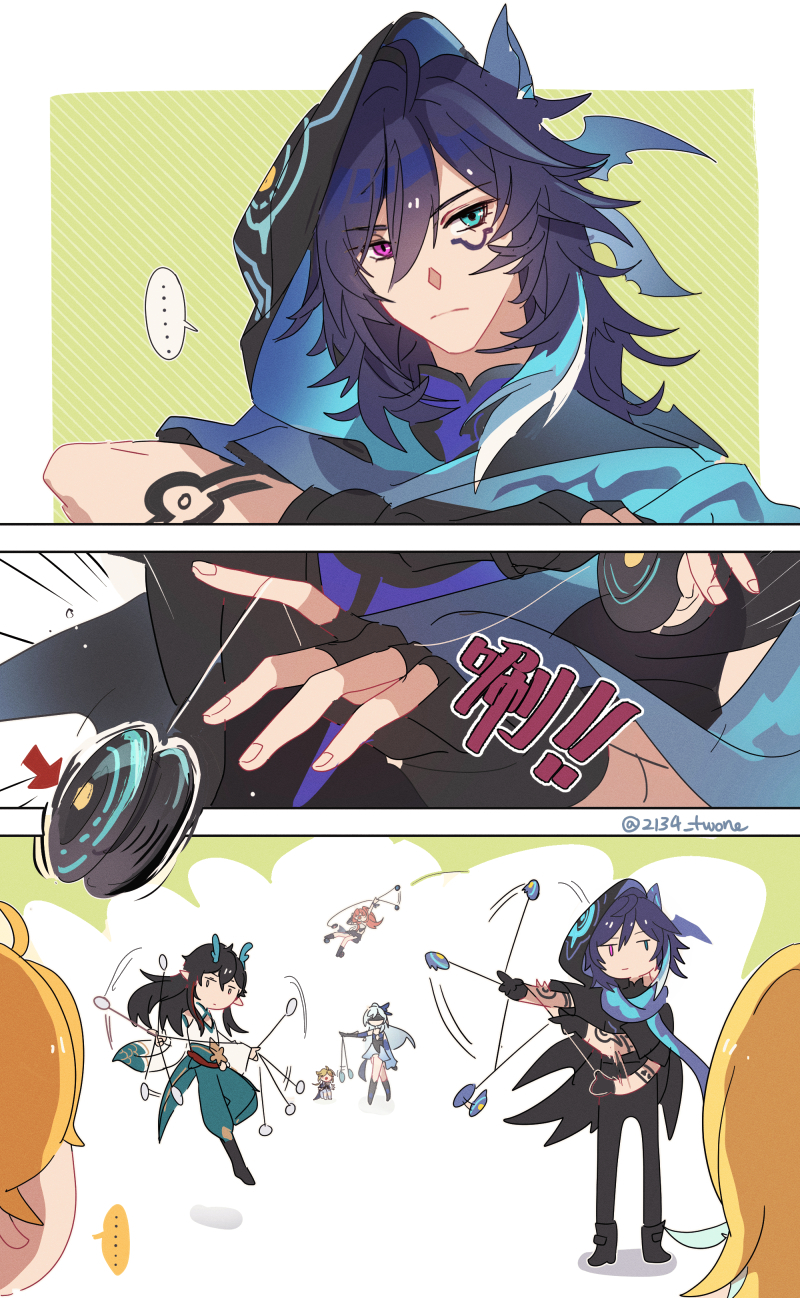 ..., 2134twone, 3girls, 4boys, aether_(genshin_impact), animal_ears, antlers, blue_eyes