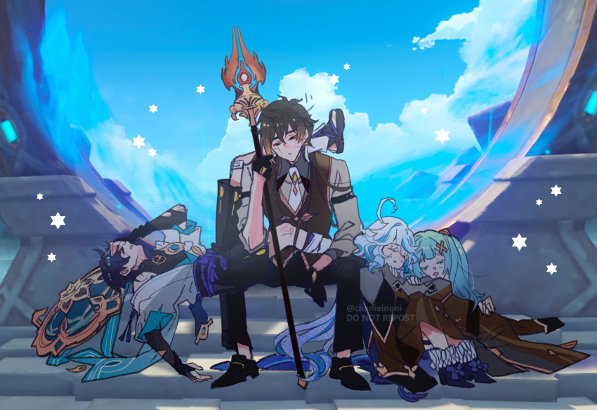 2boys, 2girls, ahoge, arm_strap, armor, belt, black_belt, black_bodysuit