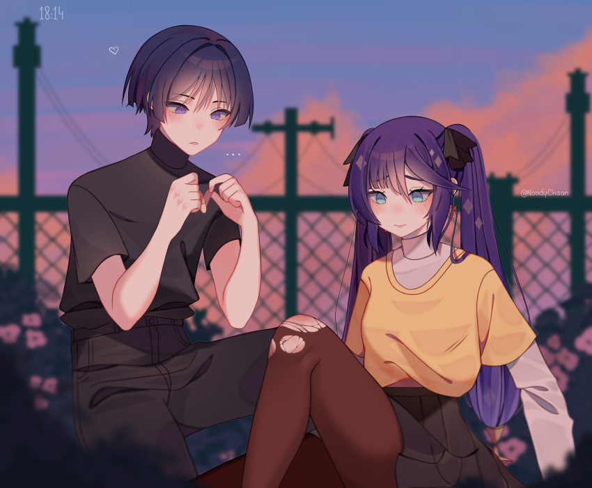 ..., 1boy, 1girl, absurdres, alternate_costume, aqua_eyes, bandaid, black_bow