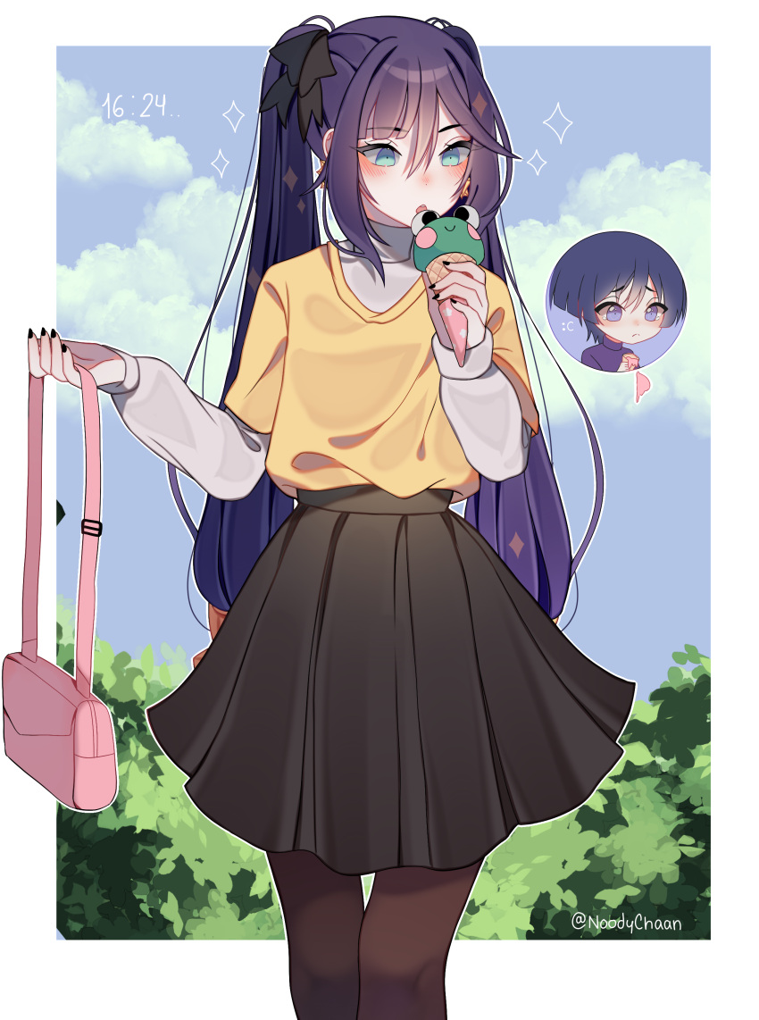 1boy, 1girl, :c, absurdres, alternate_costume, bag, black_bow, black_nails