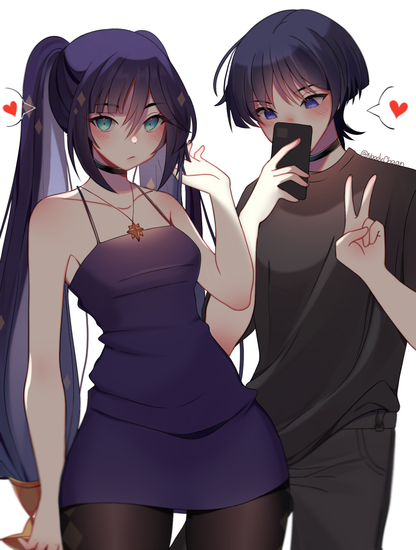 1boy, 1girl, alternate_costume, aqua_eyes, arm_at_side, armpit_crease, bare_arms, black_choker