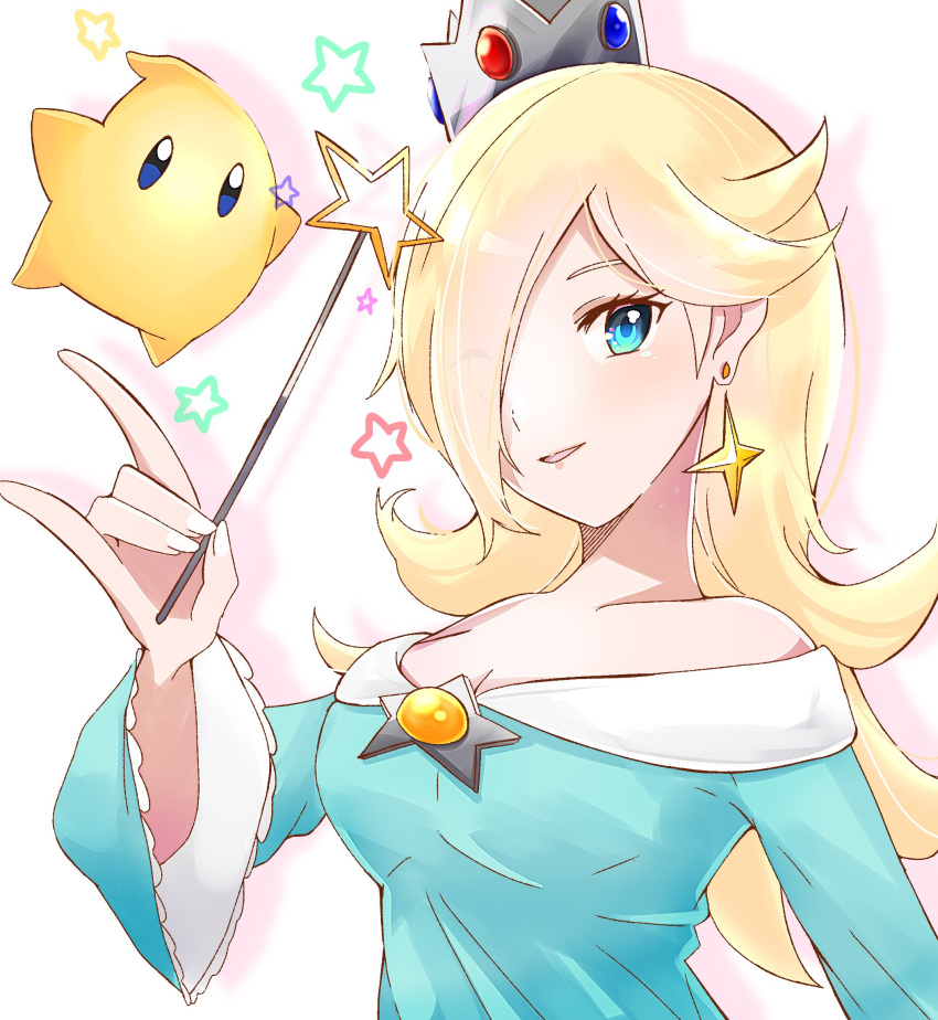 1girl, bare_shoulders, blonde_hair, blue_dress, blue_eyes, brooch, cherubi_nbo, crown, dress, earrings, hair_over_one_eye, highres, holding, holding_wand, jewelry, long_hair, long_sleeves, looking_at_viewer, luma_(mario), off-shoulder_dress, off_shoulder, open_mouth, rosalina, star_(symbol), star_brooch, star_earrings, super_mario_bros., upper_body, wand
