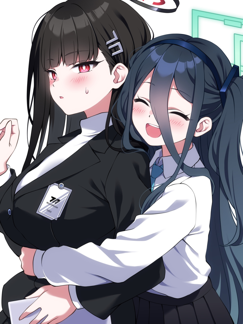 2girls, aris_(blue_archive), black_hair, blue_archive, blush, buta_(dhakaoat), closed_eyes, commentary_request, from_side, front-to-back, hair_between_eyes, halo, highres, hug, hug_from_behind, id_card, long_bangs, long_hair, long_sleeves, looking_at_viewer, multiple_girls, open_mouth, parted_lips, rectangular_halo, ringed_eyes, rio_(blue_archive), school_uniform, shirt, simple_background, smile, sweatdrop, turtleneck, upper_body, white_background, white_shirt