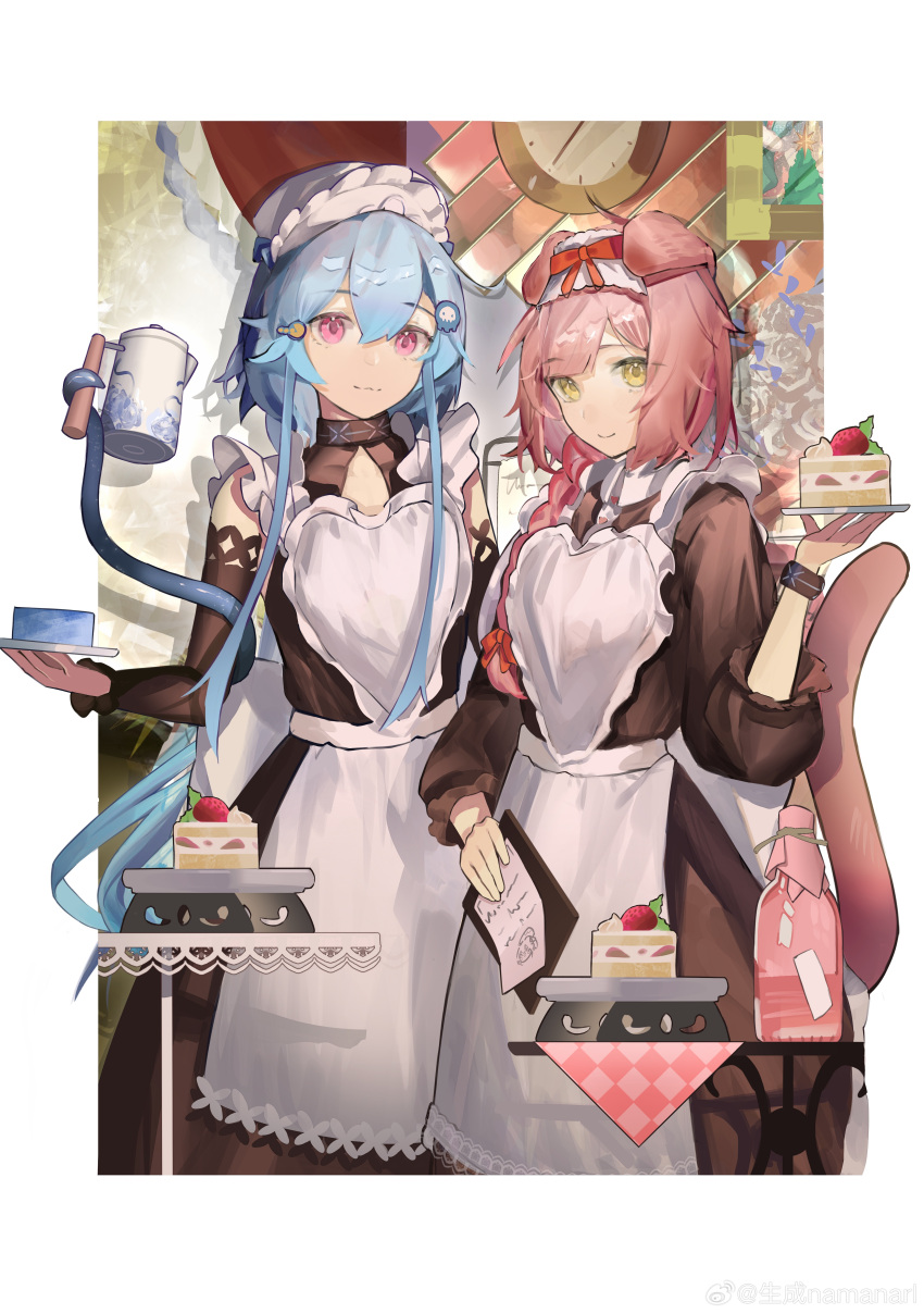 1boy, 1girl, 2girls, absurdres, alternate_costume, animal_ears, apron, arknights