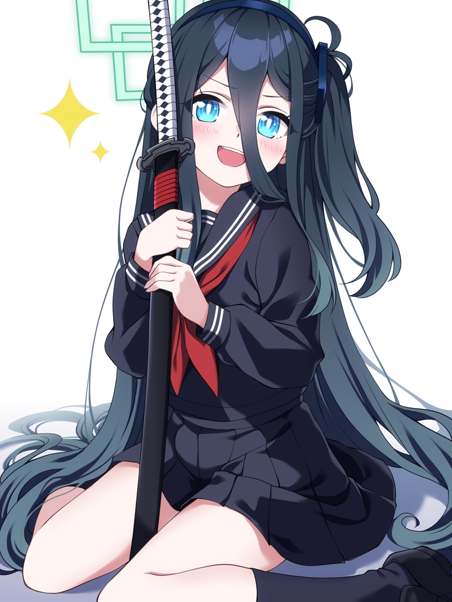 1girl, aris_(blue_archive), black_footwear, black_hair, black_serafuku, black_skirt, black_socks, blue_archive