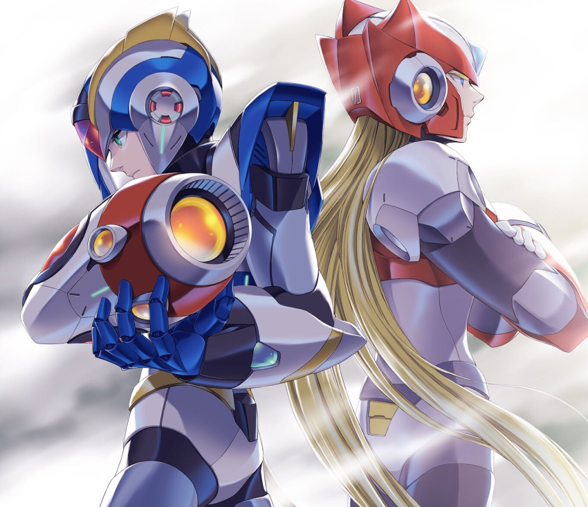 2boys, android, arm_cannon, armor, blonde_hair, blue_eyes, blue_helmet, cowboy_shot, crossed_arms, forehead_jewel, from_side, fujino_yuuki, full_body, green_hair, helmet, long_hair, male_focus, mega_man_(series), mega_man_x_(series), multiple_boys, profile, red_armor, red_helmet, weapon, white_armor, x_(mega_man), zero_(mega_man)