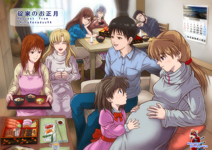 2boys, 6+girls, age_difference, alternate_universe, apron, arm_on_table, artist_name, ayanami_rei