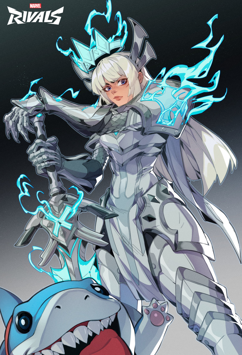 1girl, absurdres, armor, blonde_hair, blue_eyes, crown, fire, gloves