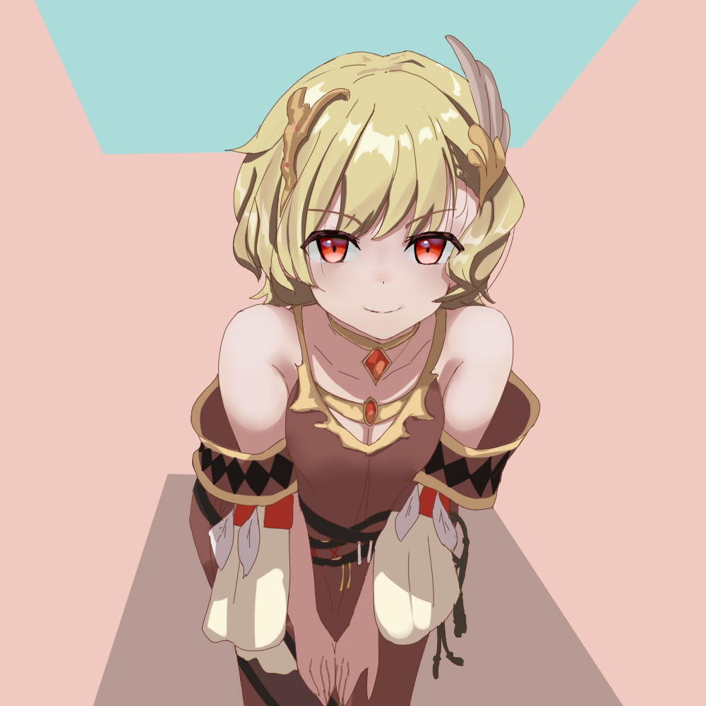 1girl, bare_shoulders, blonde_hair, breasts, brown_dress, citrinne_(fire_emblem), dabuman, dress