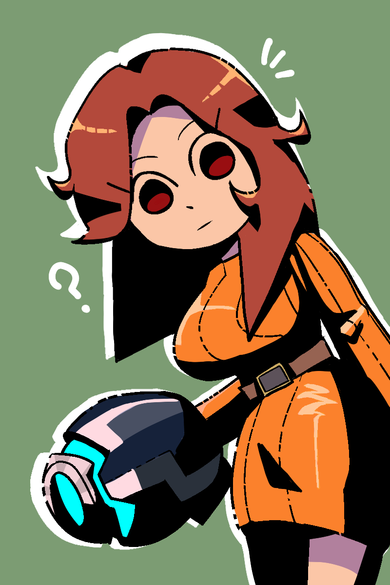 1girl, ?, arm_cannon, bad_source, belt, breasts, brown_hair, closed_mouth