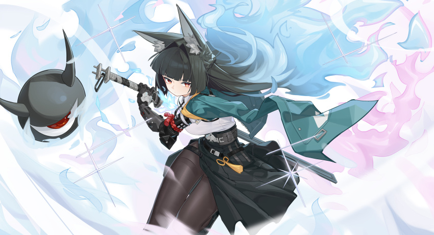 1girl, absurdres, animal_ear_fluff, animal_ears, aqua_cape, black_hair, black_pantyhose, black_skirt, blue_hair, blunt_bangs, cape, chinese_commentary, commentary_request, fox_ears, freeeeeeeeeee, gradient_hair, highres, holding, holding_sword, holding_weapon, hoshimi_miyabi, katana, looking_at_viewer, miniskirt, multicolored_hair, pantyhose, scabbard, sheath, shirt, skirt, solo, sword, thighs, unsheathing, weapon, white_shirt, zenless_zone_zero