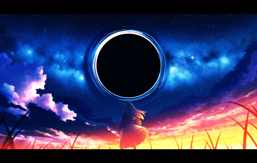 1girl, absurdres, black_hole, fantasy, from_behind, highres, letterboxed, milky_way
