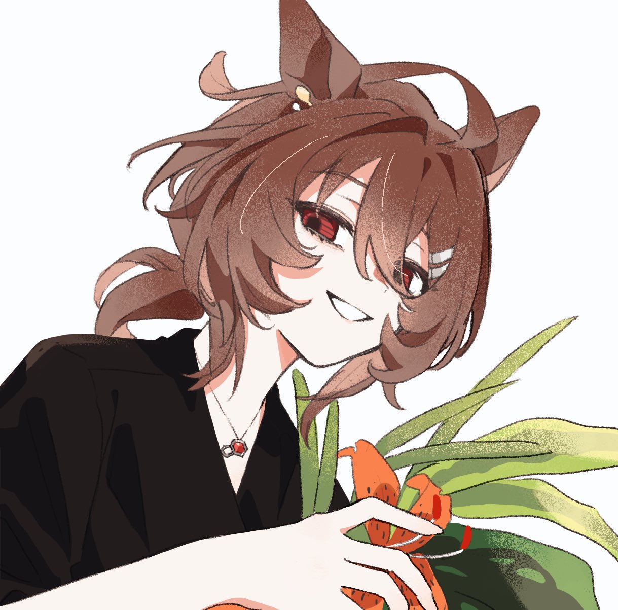 agnes_tachyon_(umamusume), ahoge, animal_ears, black_dress, blank_eyes, brown_hair, doggwa, dress