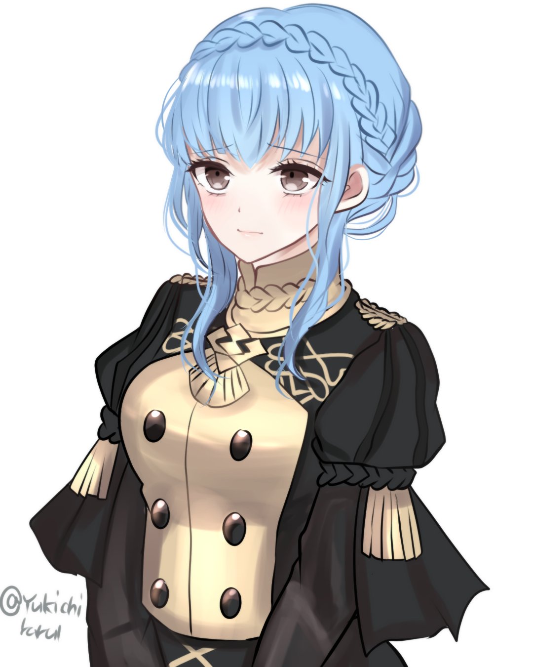 1girl, blue_hair, blush, braid, breasts, brown_eyes, buttons, closed_mouth