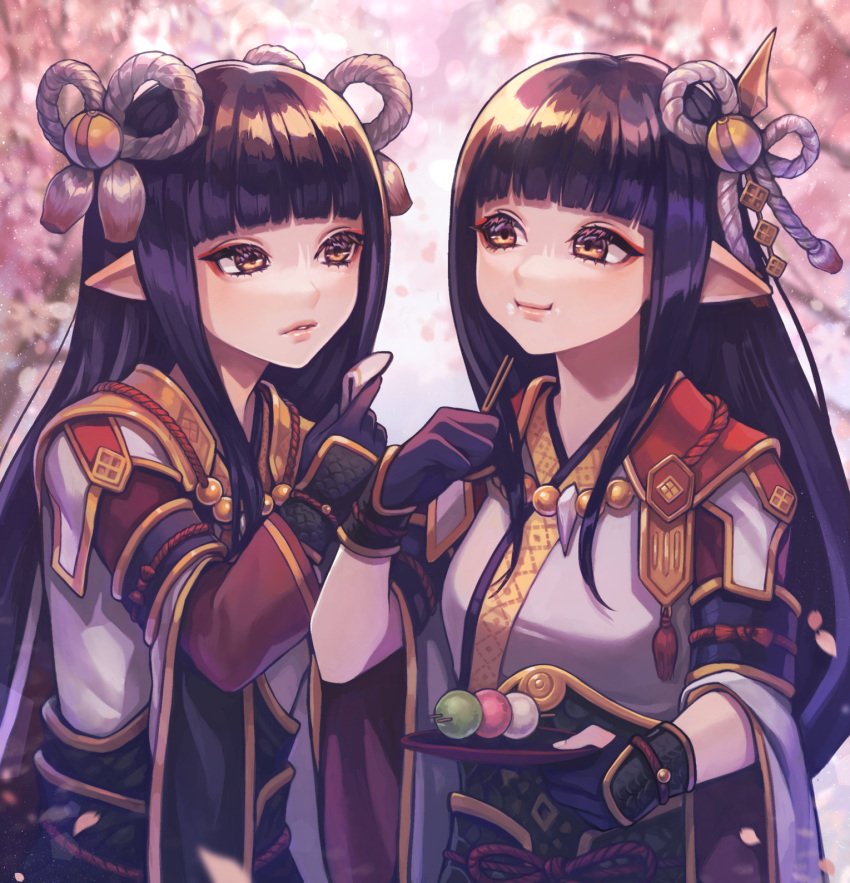 2girls, black_gloves, black_hair, blunt_bangs, commentary_request, dango, eating, eyeshadow, food, gloves, hair_ornament, highres, hinoa, holding, japanese_clothes, lips, long_hair, looking_at_another, looking_to_the_side, makeup, minoto, monster_hunter_(series), monster_hunter_rise, multiple_girls, parted_lips, pink_lips, pointy_ears, red_eyeshadow, sasori_(xie), siblings, sisters, smile, twins, wagashi, yellow_eyes