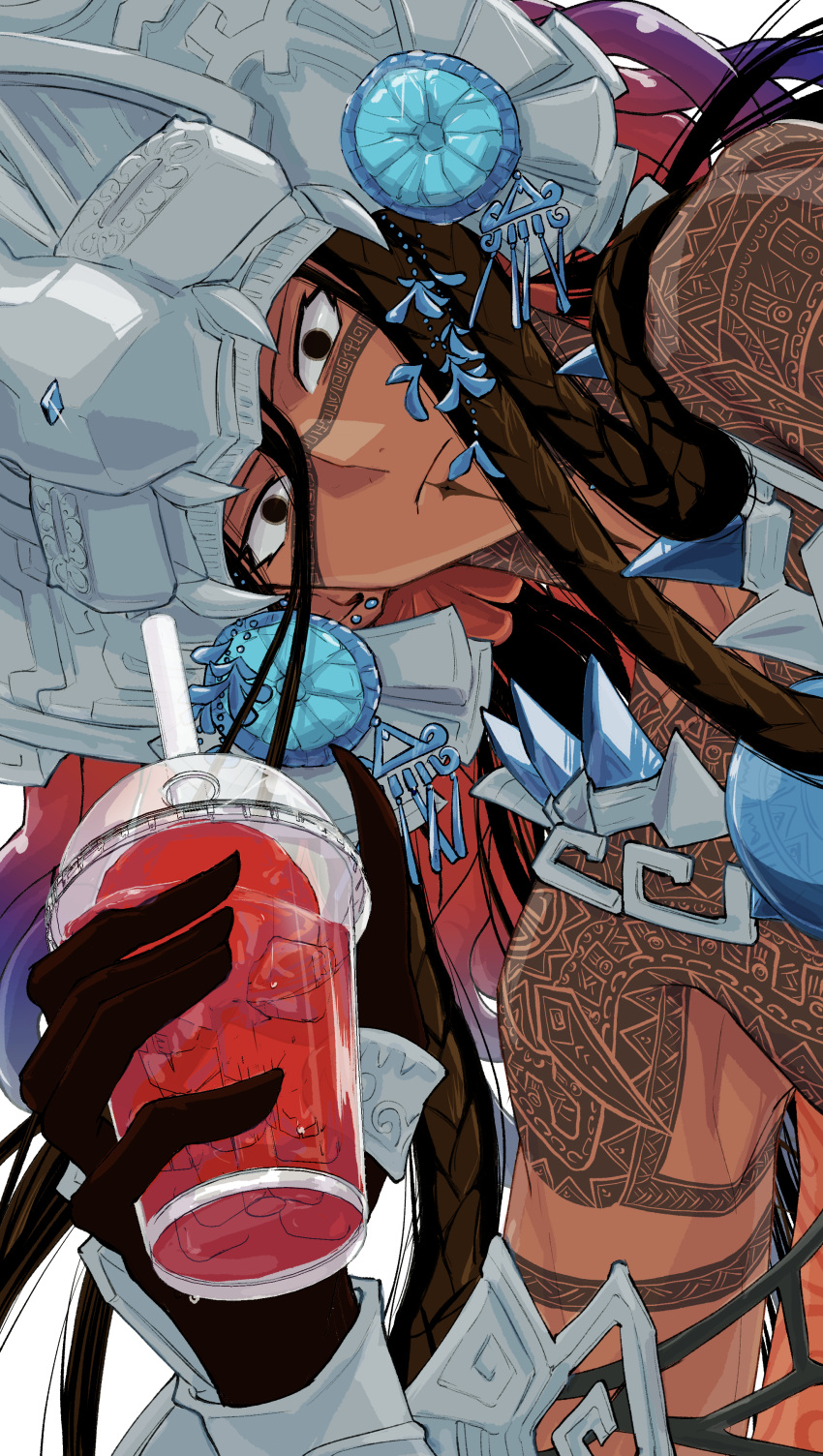 1boy, absurdres, black_eyes, black_hair, camazotz_(fate), closed_mouth, cup, dark-skinned_male