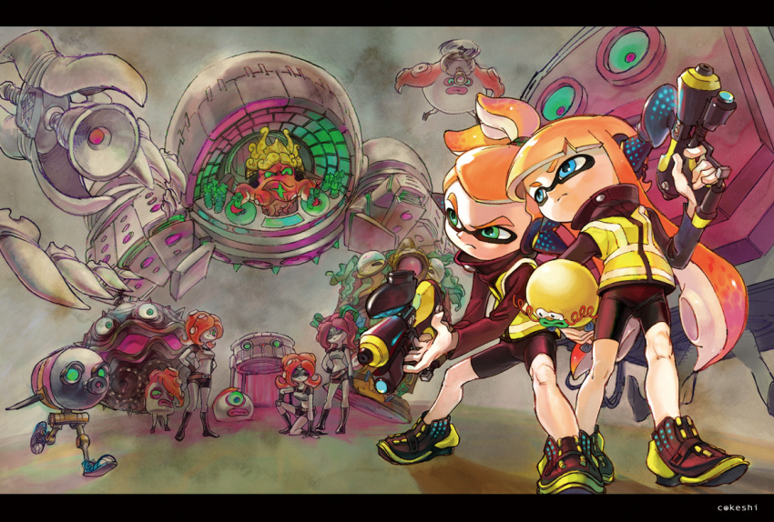 1boy, 4girls, agent_3_(splatoon), artist_name, behind-the-head_headphones, bike_shorts, black_footwear, black_jacket