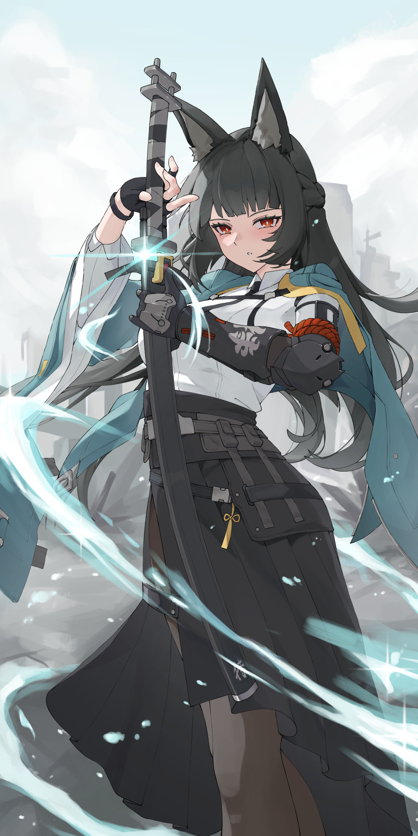 1girl, absurdres, animal_ears, aqua_jacket, arm_out_of_sleeve, black_hair, black_necktie, black_pantyhose, black_skirt, breasts, bright_pupils, collared_shirt, commentary, cowboy_shot, drawing_sword, fox_ears, fox_girl, half_up_braid, highres, holding, holding_sheath, holding_sword, holding_weapon, honey_boba, hoshimi_miyabi, jacket, large_breasts, long_hair, long_skirt, looking_at_viewer, necktie, pantyhose, parted_lips, prosthesis, prosthetic_arm, red_eyes, scabbard, sheath, shirt, skirt, solo, sword, unsheathing, weapon, white_pupils, white_shirt, zenless_zone_zero