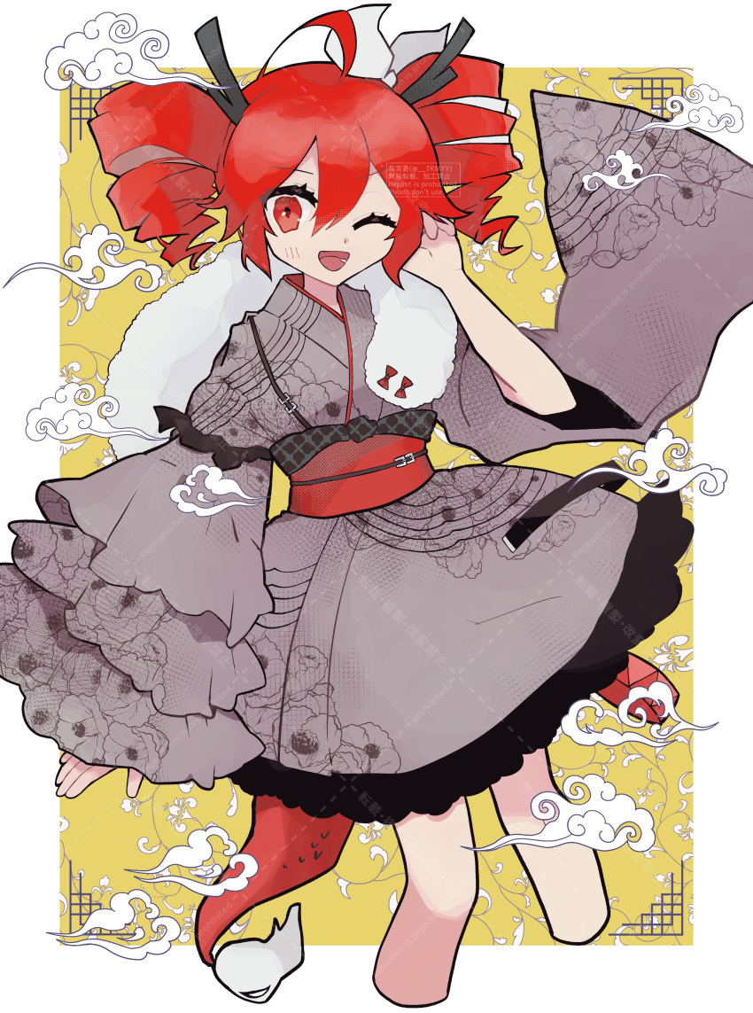 1girl, ;d, absurdres, ahoge, alternate_costume, border, bow, cropped_legs