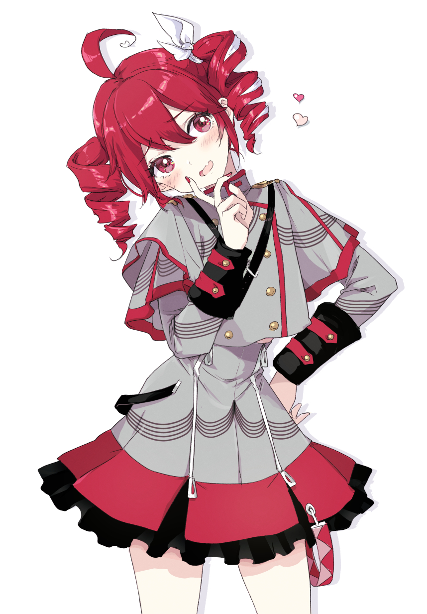 1girl, ahoge, belt, black_belt, black_skirt, black_sleeve_cuffs, blush, bow, buttons, cowboy_shot, double-breasted, double-parted_bangs, drill_hair, grey_jacket, grey_skirt, hair_between_eyes, hair_bow, hair_ribbon, hand_on_own_hip, hand_up, head_tilt, heart, highres, jacket, kasane_teto, kasane_teto_(sv), kiro_(an_kilo), layered_sleeves, long_sleeves, looking_at_viewer, middle_finger, open_mouth, red_belt, red_eyes, red_skirt, red_trim, redhead, ribbon, shoulder_belt, shoulder_boards, simple_background, skirt, sleeve_cuffs, sleeves_past_elbows, solo, striped_clothes, striped_jacket, striped_skirt, synthesizer_v, twin_drills, twintails, utau, white_background, white_bow, white_ribbon