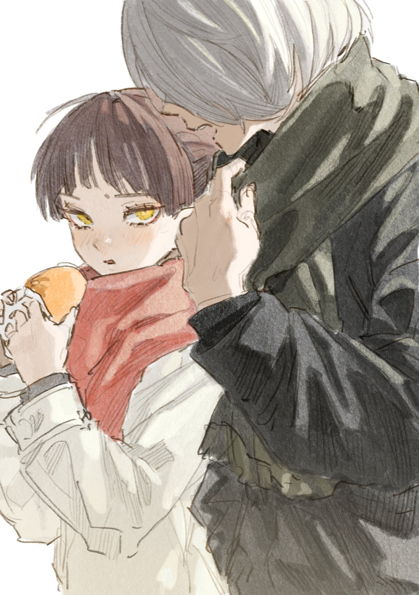 1boy, 1girl, blush, bread, brown_hair, coat, food, gegege_no_kitarou, getakichi_tanaka, grey_hair, highres, looking_at_another, mihiro_00122, nekomusume, nekomusume_(gegege_no_kitarou_6), scarf, simple_background, sketch, upper_body, white_background, yellow_eyes