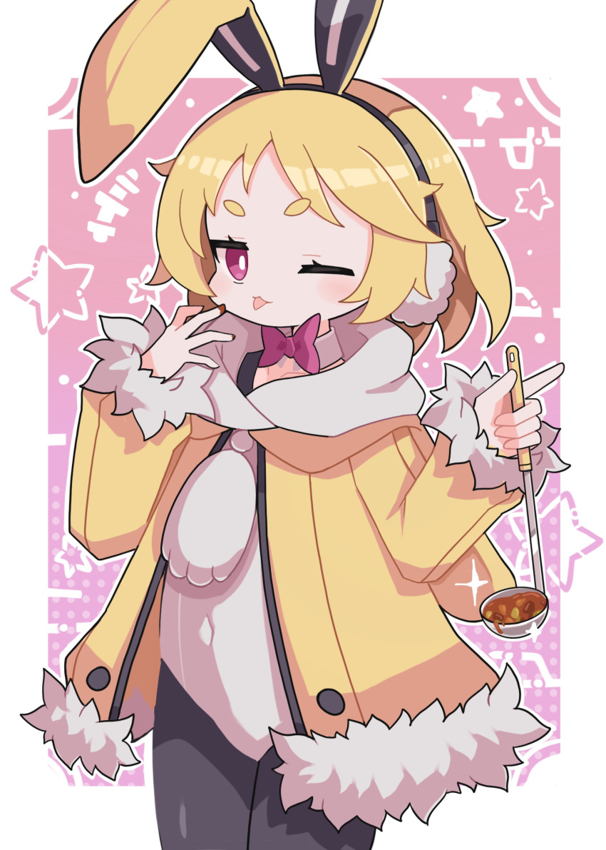 1girl, :3, :p, animal_ear_hairband, animal_ears, black_hairband, black_pantyhose, blonde_hair