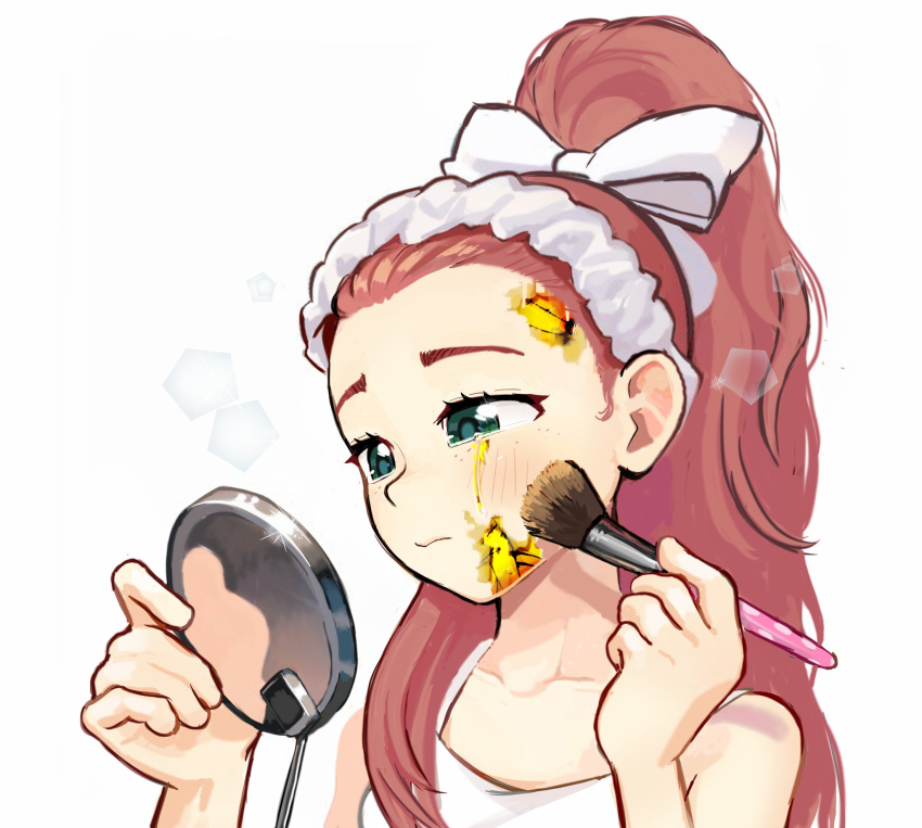 1girl, 482egg, applying_makeup, bangs_pinned_back, brown_hair, closed_mouth, doki_doki_literature_club, green_eyes, hair_ribbon, hairband, highres, holding, holding_makeup_brush, holding_mirror, long_hair, mirror, monika_(doki_doki_literature_club), ponytail, ribbon, solo, tank_top, very_long_hair, white_background, white_hairband, white_ribbon, white_tank_top