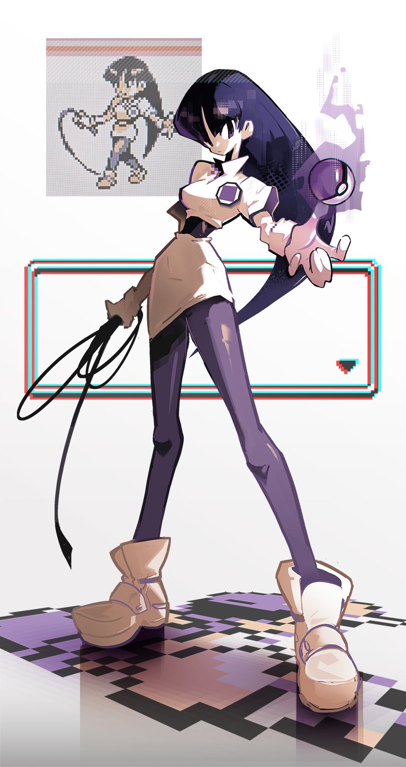 1girl, black_hair, breasts, gloves, highres, holding, holding_whip, long_hair