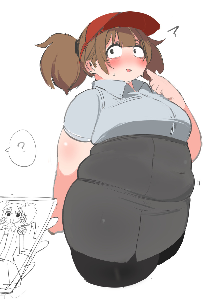 1girl, ?, absurdres, blunt_bangs, blush, breasts, brown_hair, covered_navel