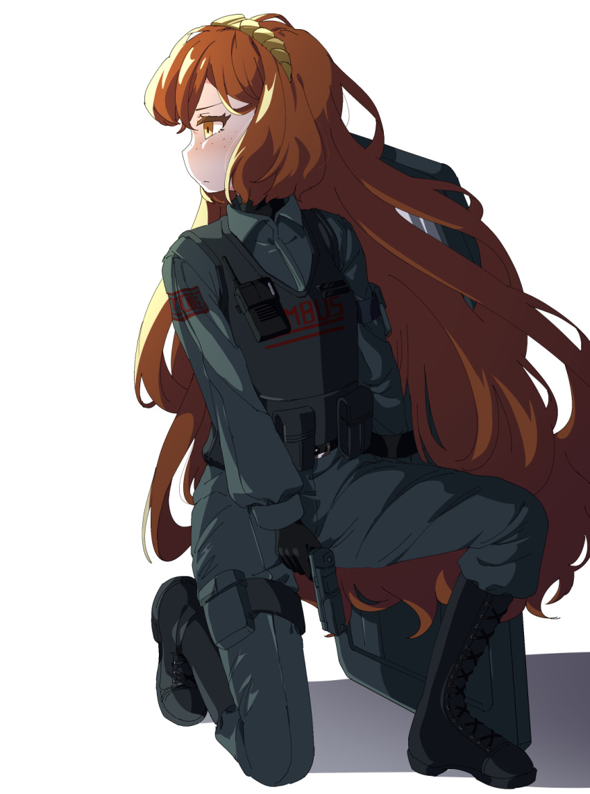 1girl, black_footwear, black_shirt, boots, brown_hairband, closed_mouth, collared_shirt, freckles