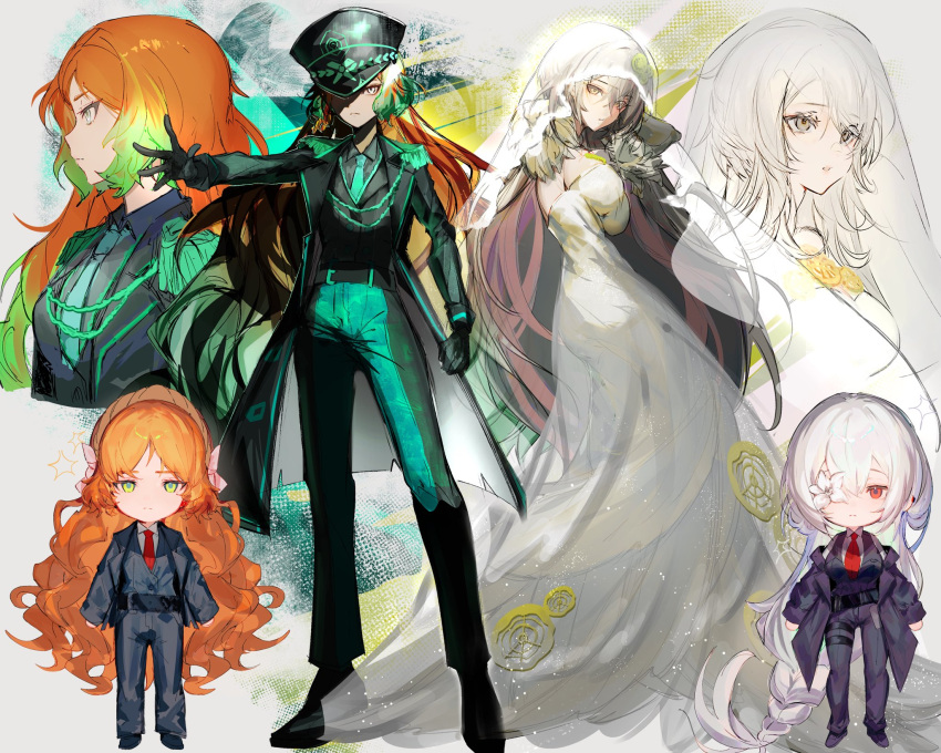 2girls, aqua_hair, aqua_necktie, aqua_pants, black_footwear, black_gloves, black_hat, black_jacket