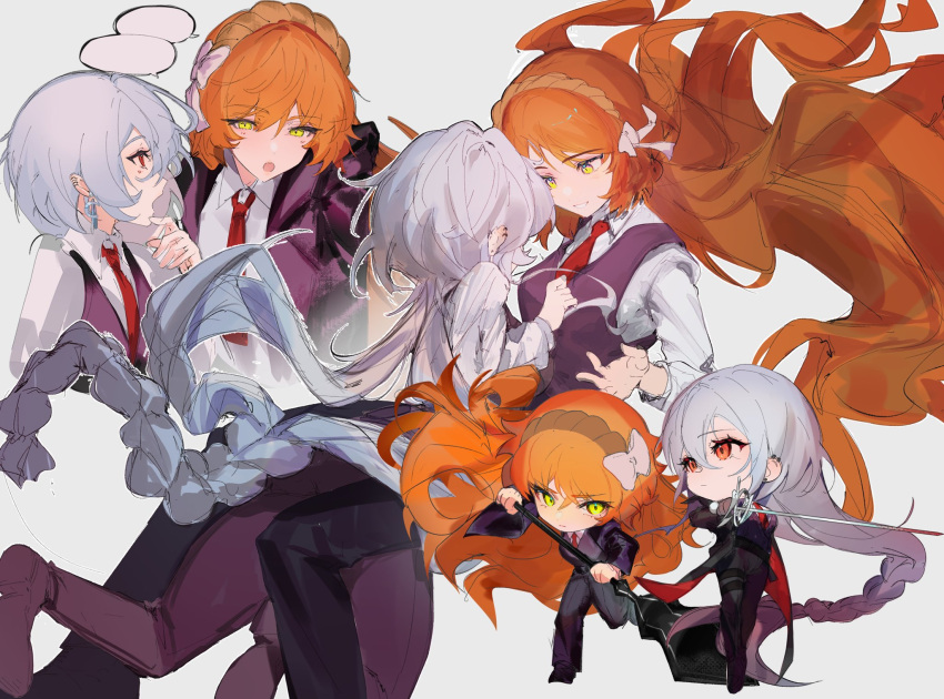 2girls, black_jacket, bow, brown_hairband, commission, commissioner_insert, full_body, green_eyes