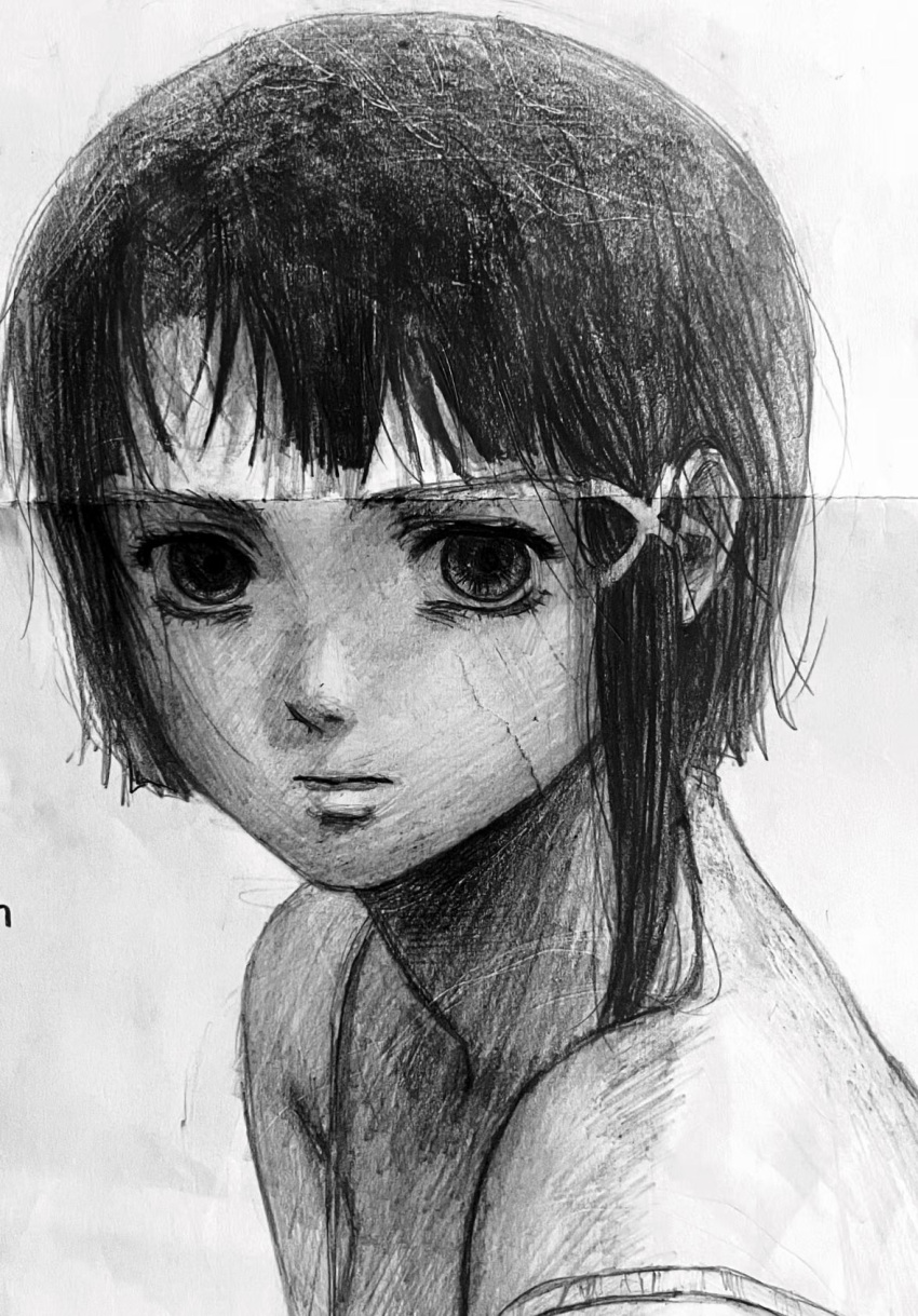 1girl, asymmetrical_bangs, bags_under_eyes, black_hair, collarbone, crease, graphite_(medium), hair_ornament