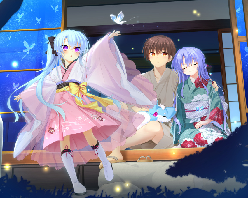 1boy, 2girls, :o, ;3, aged_up, alternate_costume, alternate_hairstyle, animal_on_lap