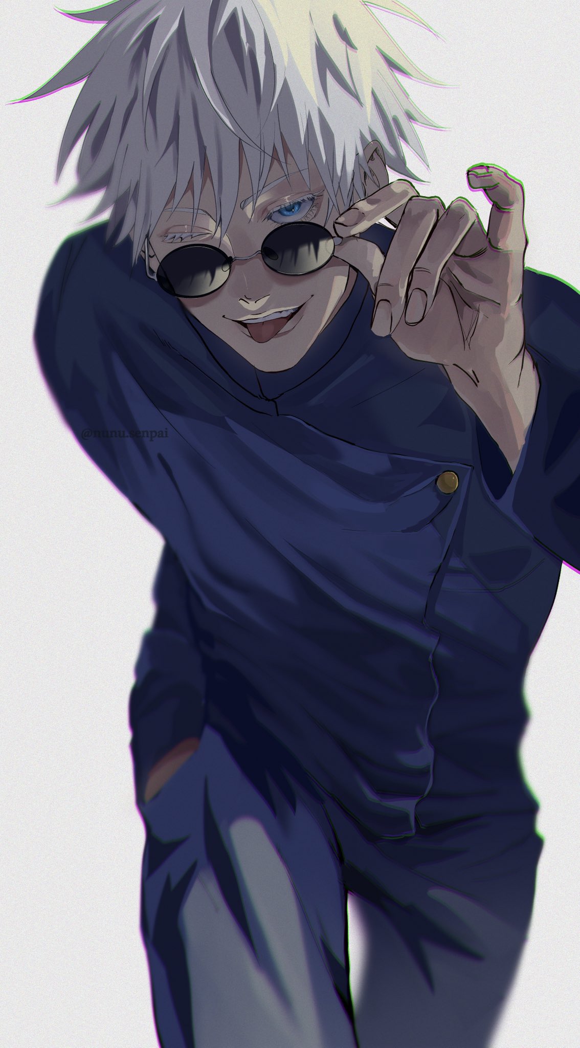 1boy, blue_eyes, blue_jacket, blue_pants, gojou_satoru, hand_in_pocket, highres, holding