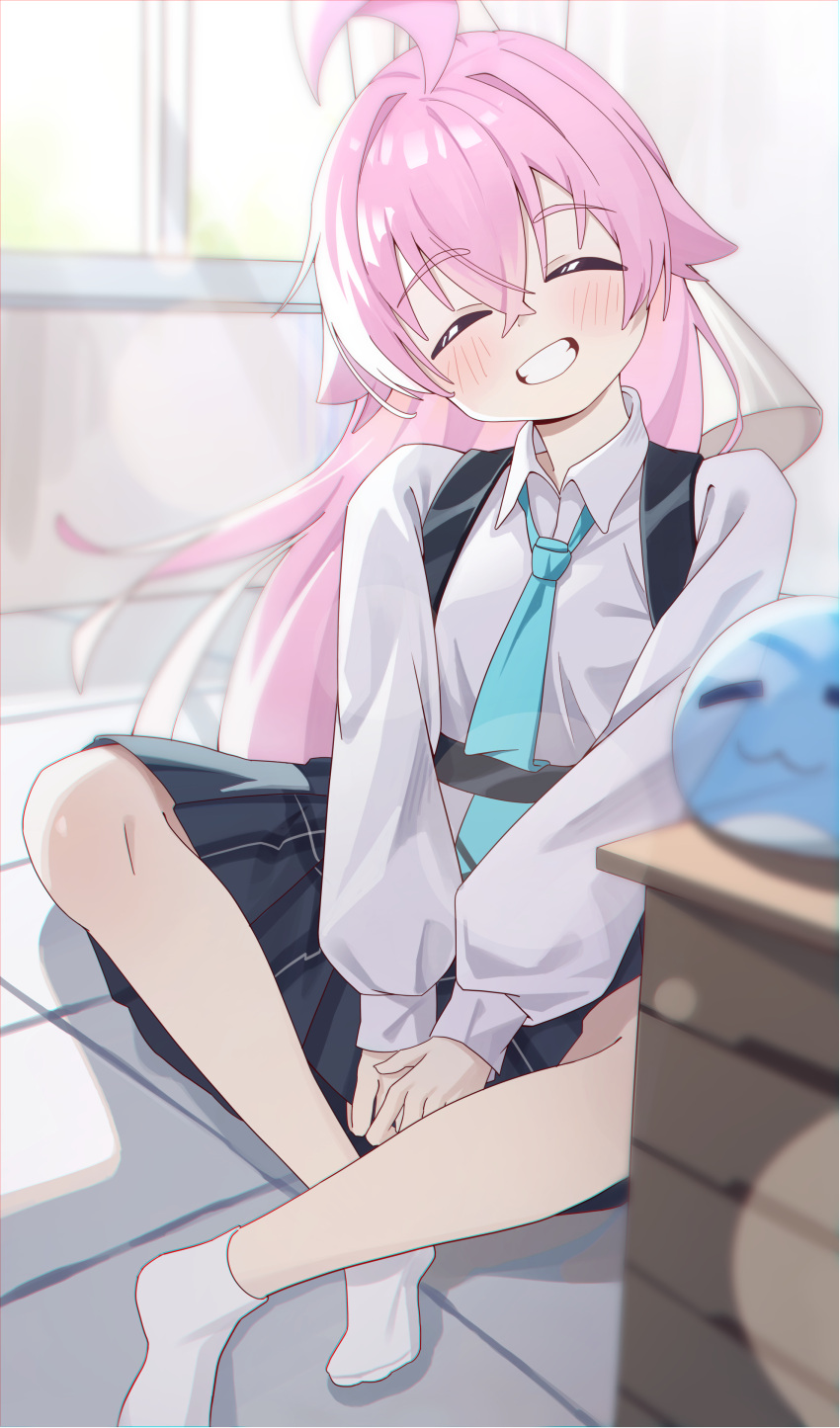 1girl, absurdres, ahoge, ankle_socks, aqua_necktie, black_skirt, blue_archive, blush
