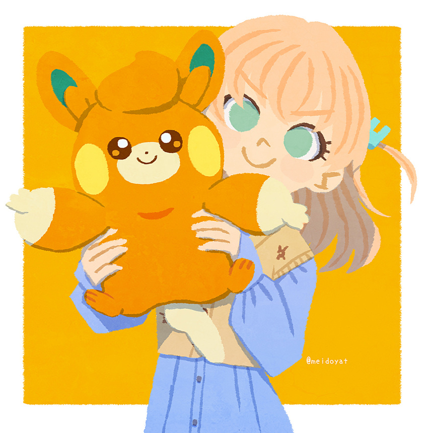 >:), 1girl, aqua_eyes, blue_dress, blush_stickers, border, c:, cardigan_vest, closed_mouth, commentary, crossed_bangs, dress, hair_ornament, highres, hinoshita_kaho, holding, holding_pokemon, link!_like!_love_live!, long_sleeves, looking_at_viewer, love_live!, medium_hair, meidosan, orange_background, orange_hair, outside_border, pawmi, pokemon, pokemon_(creature), rabbit_hair_ornament, simple_background, smile, twitter_username, two_side_up, upper_body, v-shaped_eyebrows, virtual_youtuber, white_border